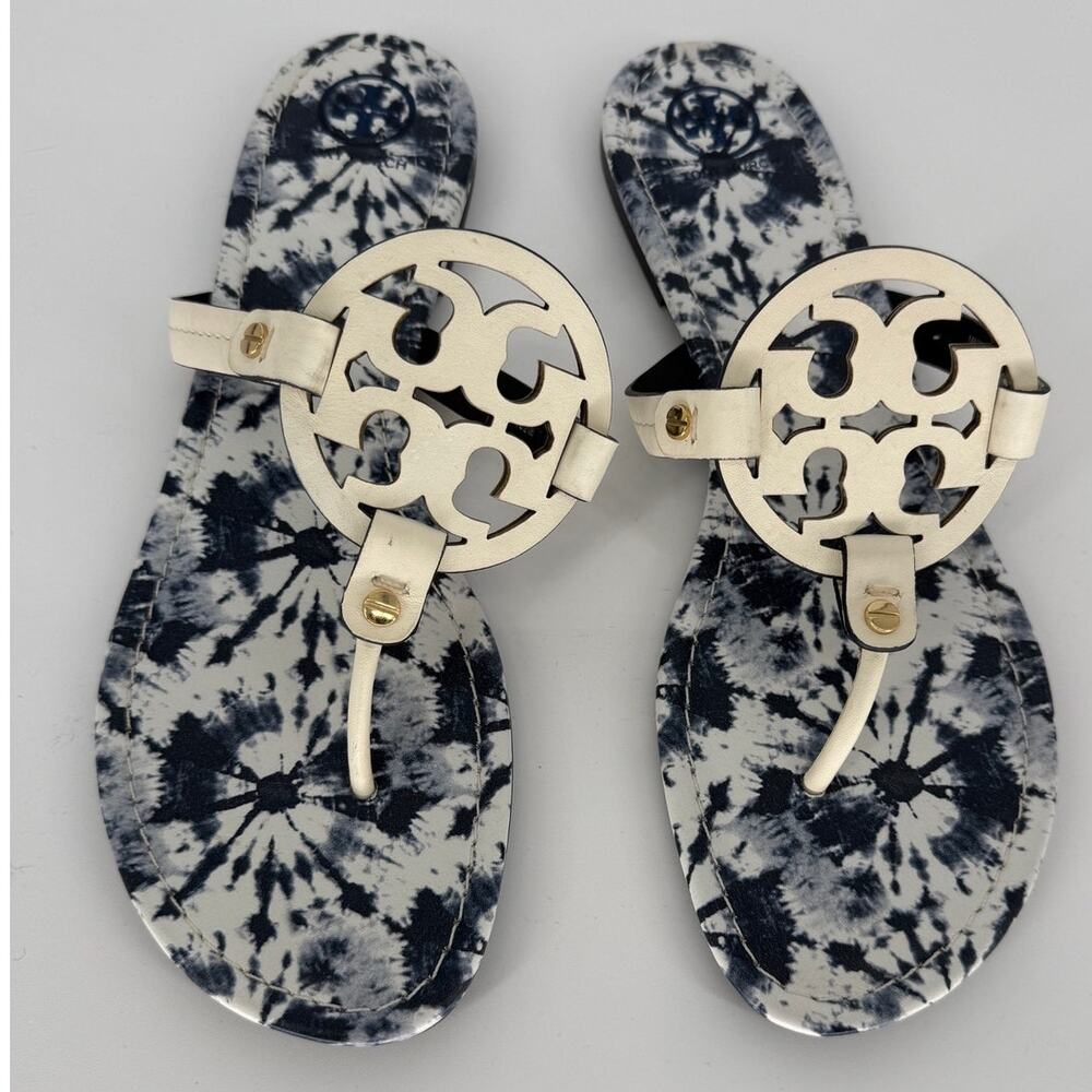 Tory Burch Miller Sandals 10M Navy White Tie Dye Leather Logo Thong Flip Flops